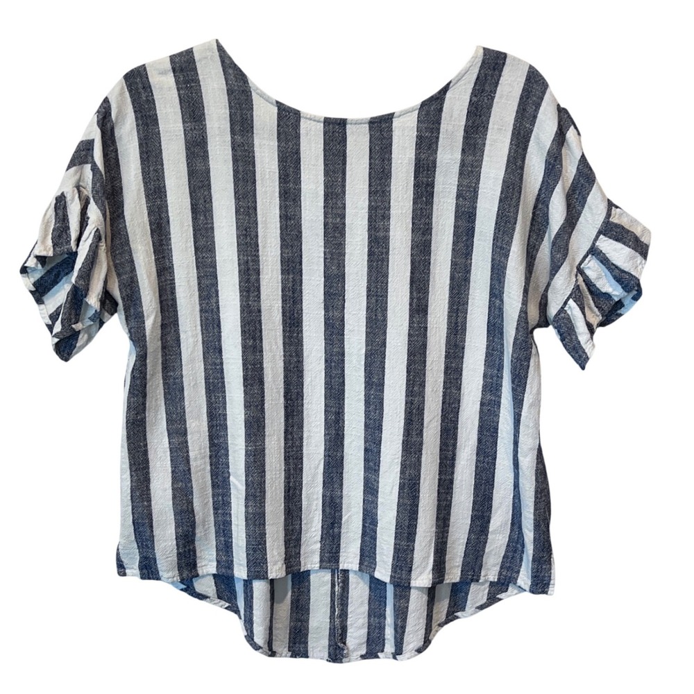 100% Linen Striped Ruffle Sleeve Blouse Relaxed Fit Navy White Medium (READ)